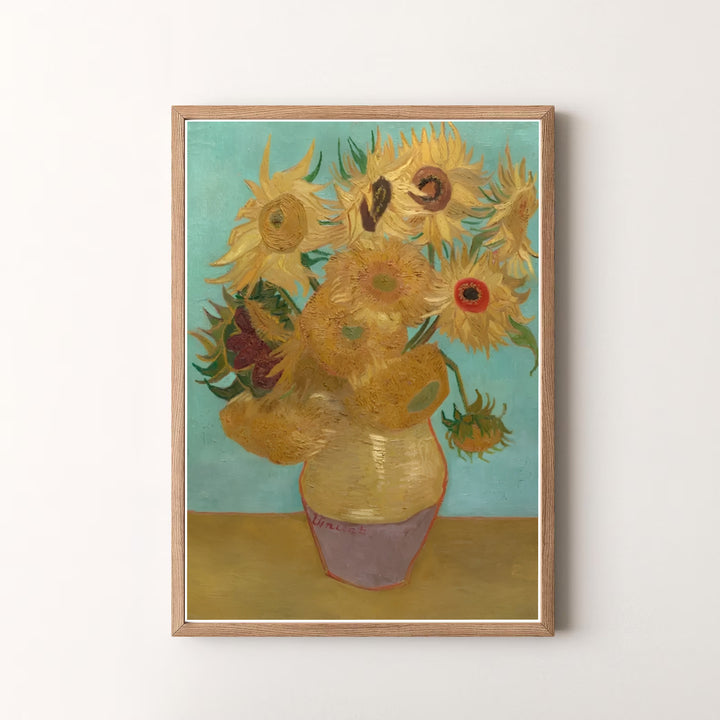 Decorative art history print of Vincent van Gogh Sunflowers on Blue 1888 capturing an Arles France summer floral arrangement. MapYourDreams offers versatile framed prints, unframed paper wall decor, and gallery canvas print choices for home art enthusiasts.