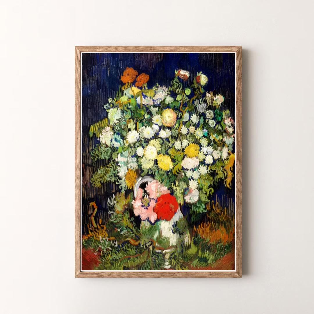 Decorative art history print of Vincent van Gogh Vase With Flowers 1890 capturing an Auvers-sur-Oise France late spring floral arrangement. MapYourDreams offers versatile framed prints, unframed paper wall decor, and gallery canvas print choices for home art enthusiasts.