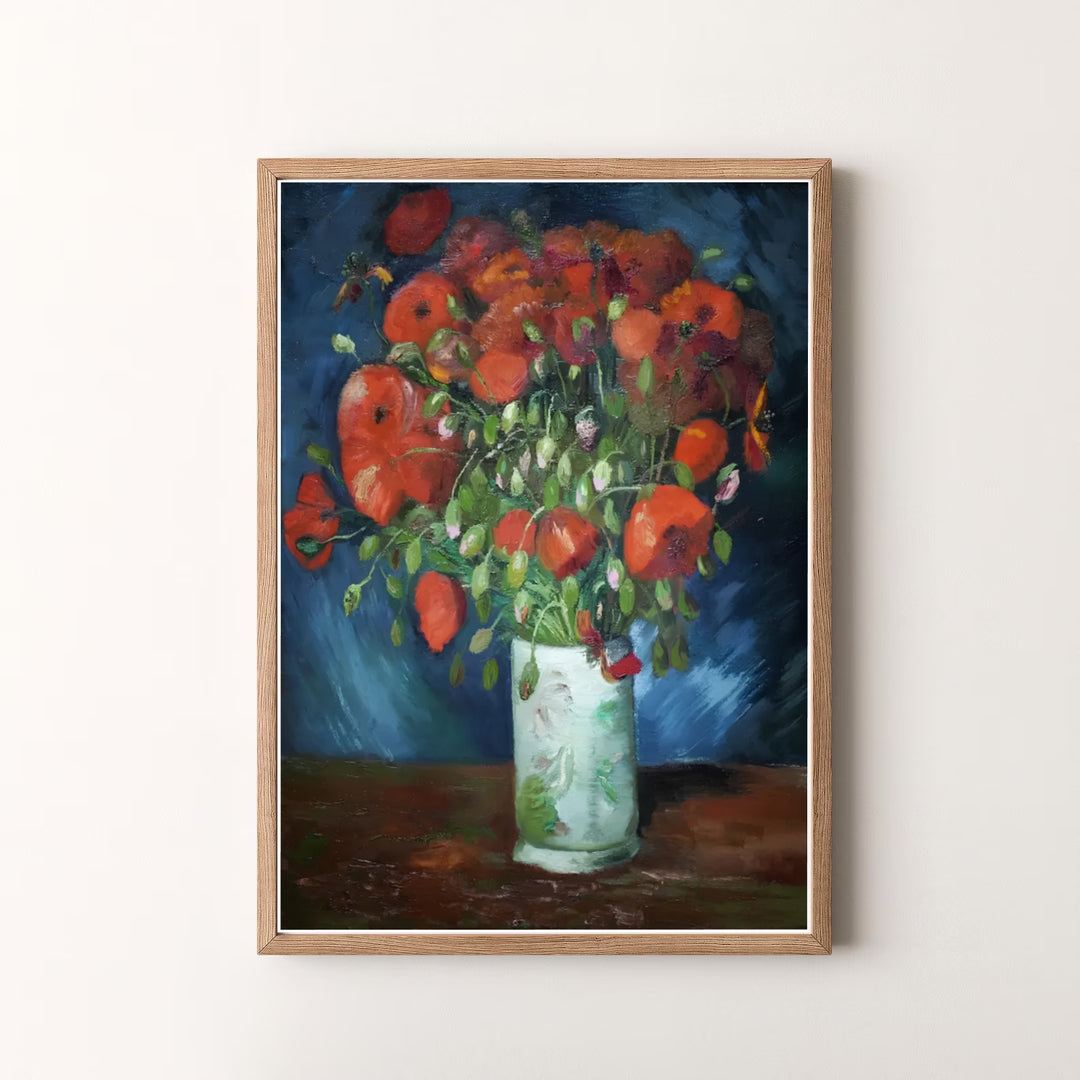 Decorative art history print of Vincent van Gogh Vase With Red Poppies 1886 capturing a classic Parisian floral arrangement. MapYourDreams offers versatile framed prints, unframed paper wall decor, and gallery canvas print choices for passionate home art buyers.