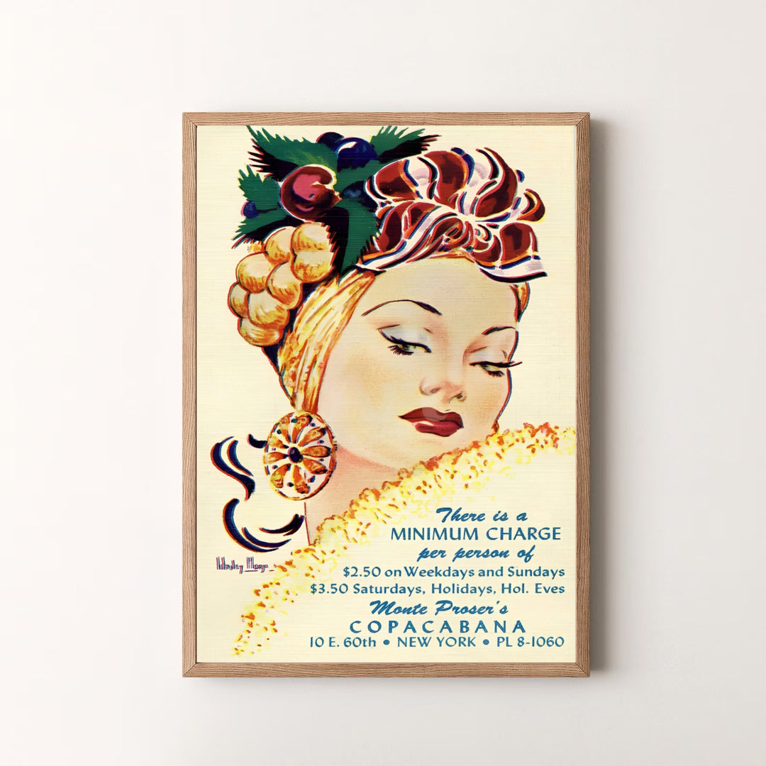 Historic Copacabana New York venue wall art poster showcasing 1940s Big Band era cabaret heritage in a refined illustration print, offered by MapYourDreams as an unframed print, gallery wrapped canvas, or custom framed wall art in grey and white frames.