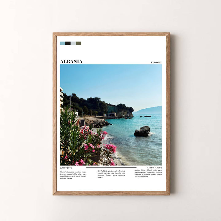 Elegant contemporary travel art poster featuring the Vlorë coastline and Uji i Ftohtë tunnel, designed to bring Mediterranean serenity and coastal beauty into your space. Choose your presentation from unframed paper stock, custom wood frames, or stretched gallery canvas.