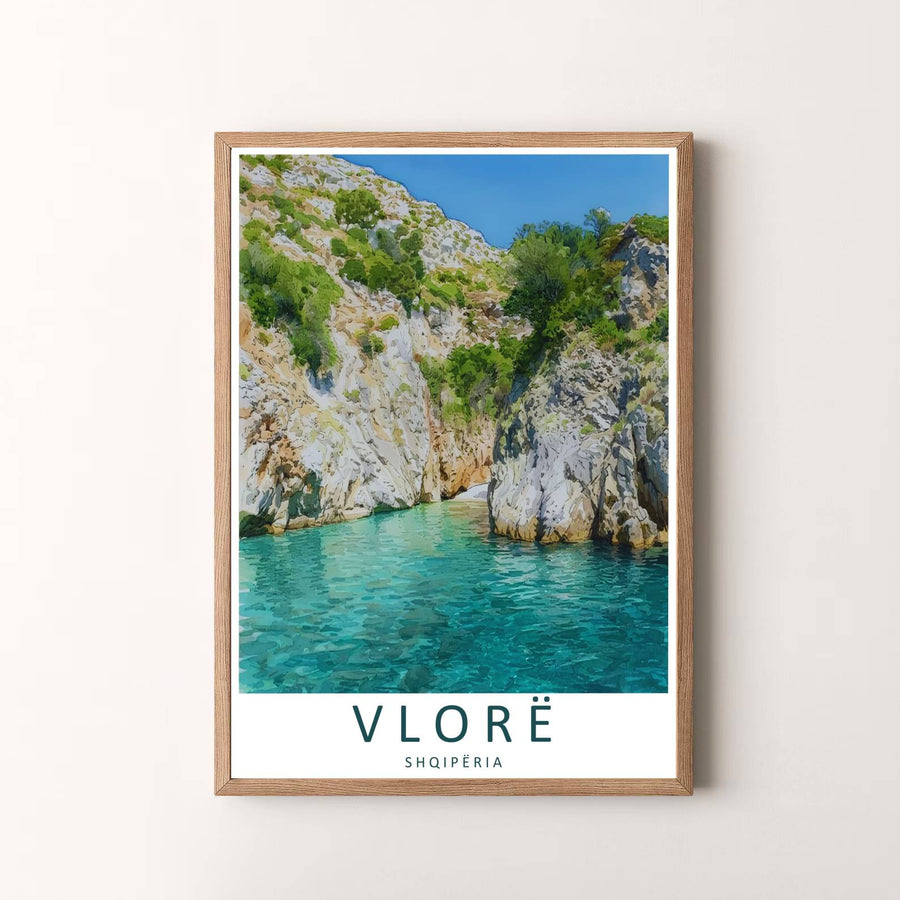 Elegant contemporary vector travel art poster featuring the Gjipe canyon cove, designed to bring Mediterranean serenity and natural coastal beauty into your space. Choose your presentation from unframed paper stock, custom wood frames, or stretched gallery canvas.