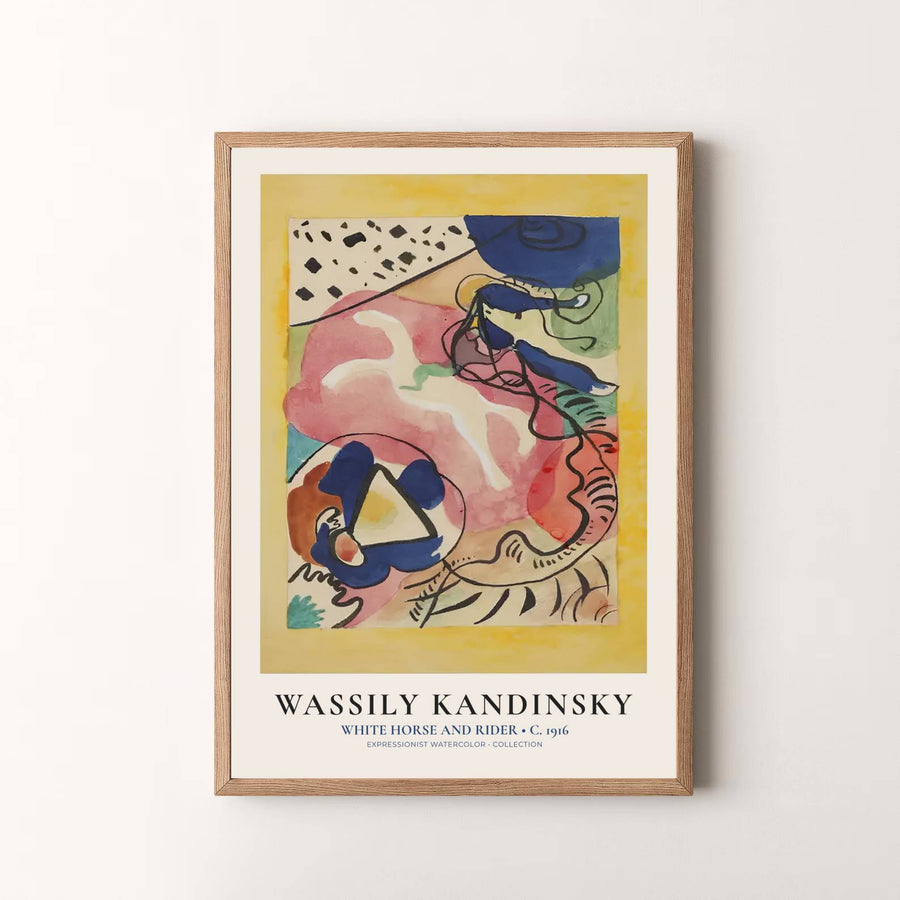 Masterfully balancing vibrant yellow tones with a sweeping watercolor field, this Wassily Kandinsky White Horse And Rider watercolor masterpiece print is a timeless celebration of art history. MapYourDreams delivers this exquisite wall art in adaptable formats, allowing you to choose between unframed prints, custom frames, and gallery-quality canvas wraps.