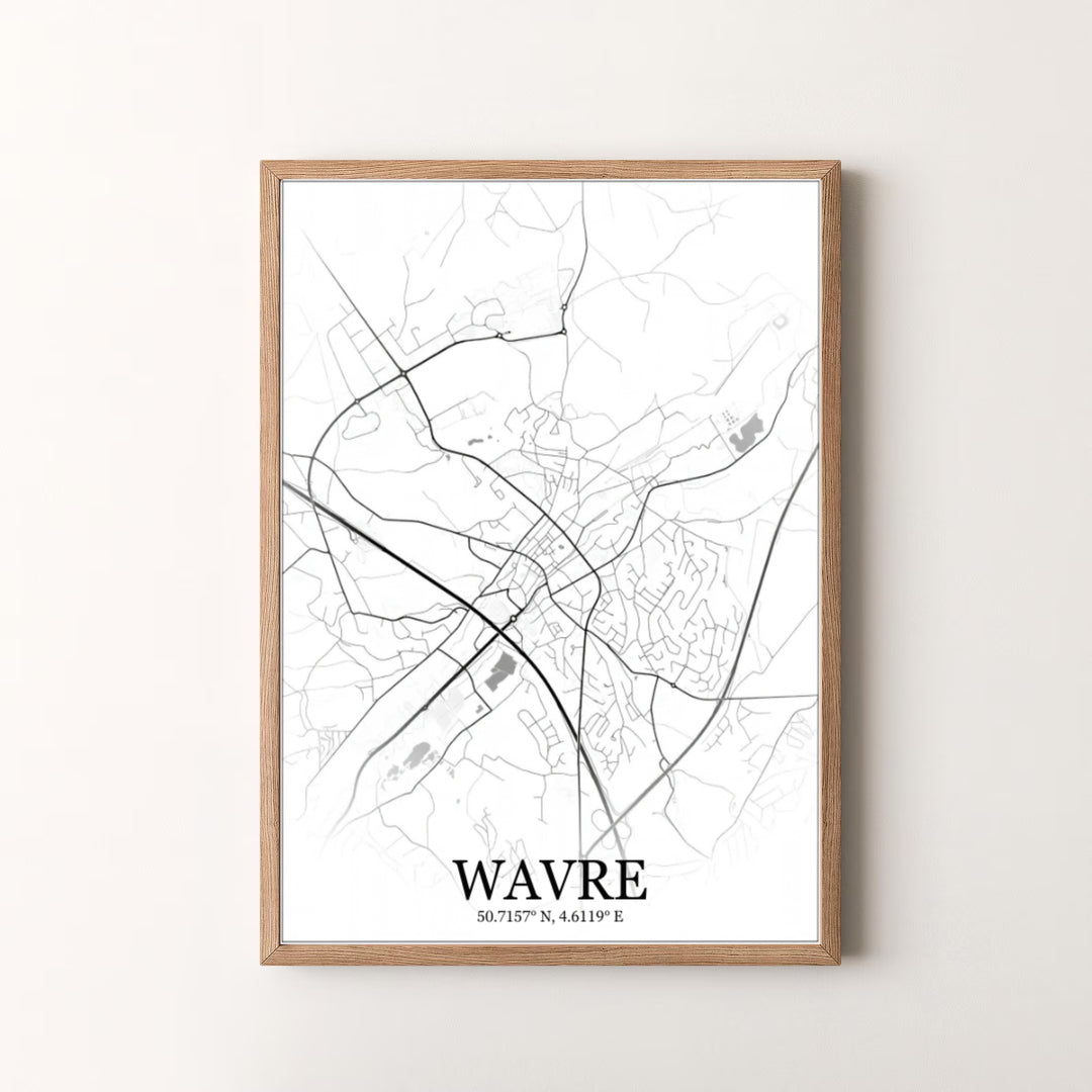 Premium quality minimalist cartography print of Wavre, Belgium, featuring detailed street paths, regional highways, and clean vector design. Offered by MapYourDreams, this artwork is available in flexible options including unframed paper, custom wooden frames, and gallery canvas wraps.