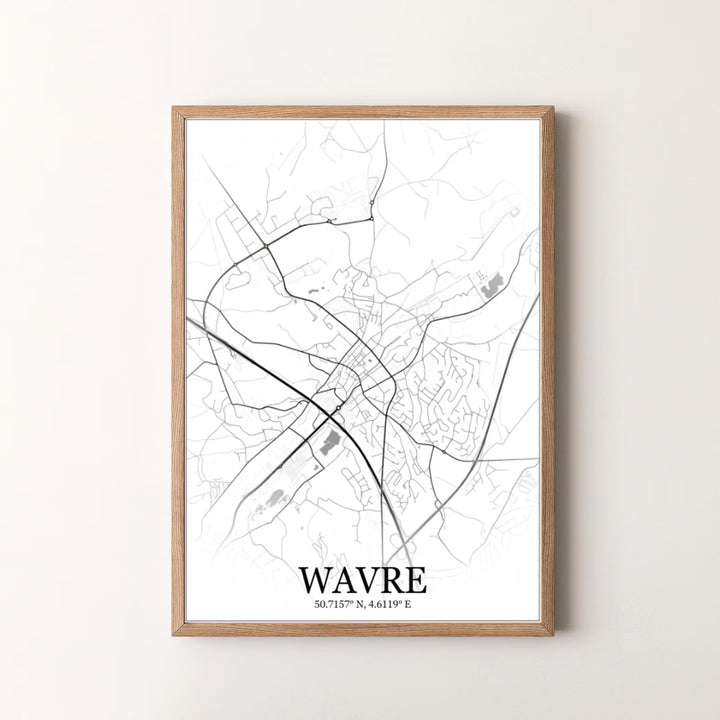 Premium quality minimalist cartography print of Wavre, Belgium, featuring detailed street paths, regional highways, and clean vector design. Offered by MapYourDreams, this artwork is available in flexible options including unframed paper, custom wooden frames, and gallery canvas wraps.