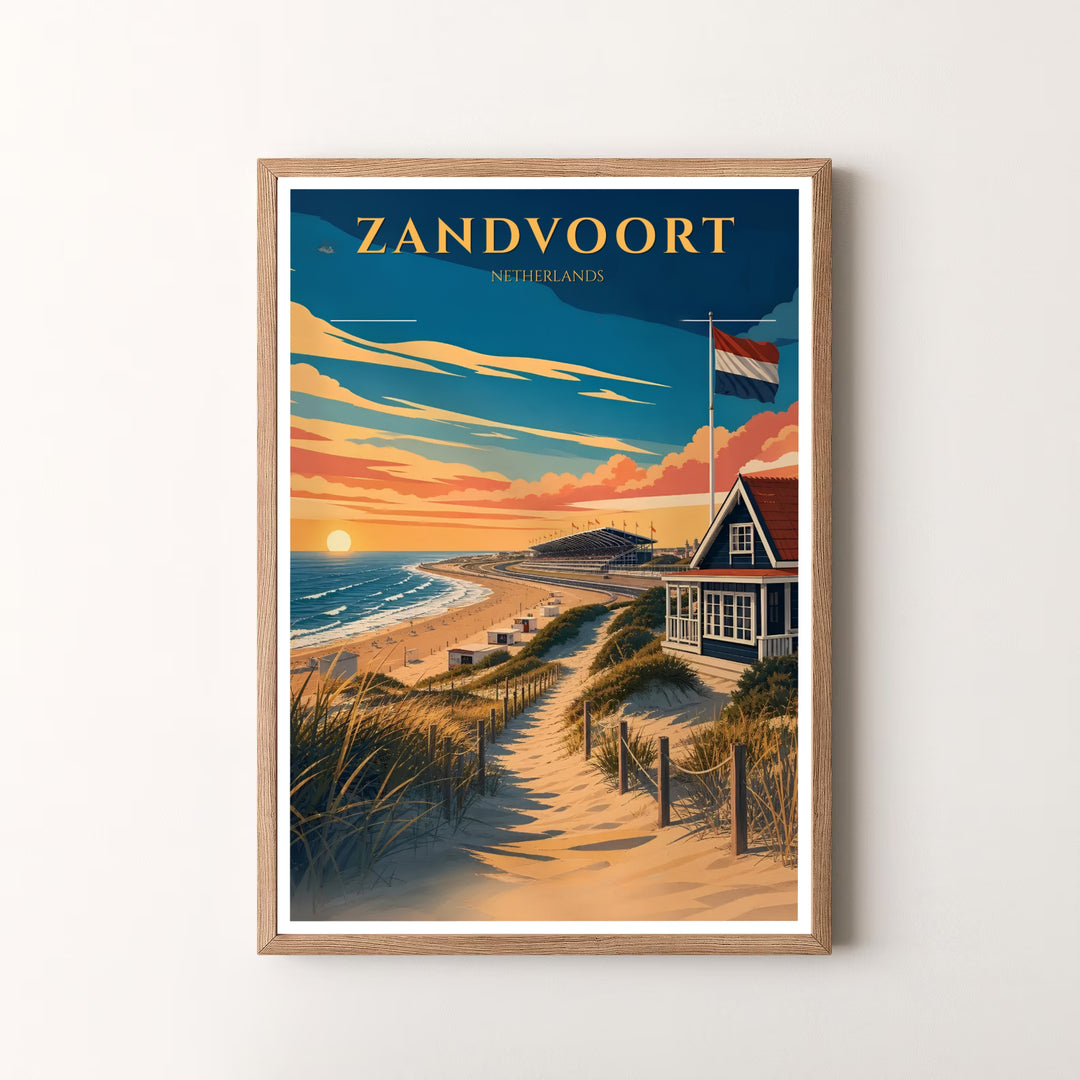 Bold coastal art piece detailing Zandvoort beach dunes, ocean waves, and a blue pavilion with the Dutch flag, available at MapYourDreams as an unframed print, a stretched canvas, or custom framing options to complement statement wall setups.