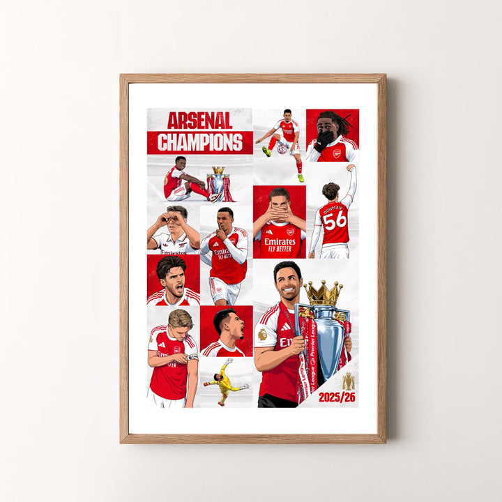 Premium illustrated Arsenal FC 25/26 Premier League victory poster print featuring player portraits at Emirates Stadium, available as unframed prints, framed wall art, or canvas decor.