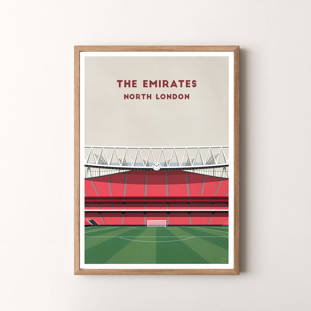 Premium graphic Emirates Stadium art print poster showing red seating stands and green pitch perspective, available as unframed prints, framed wall art, or canvas decor for modern styling.